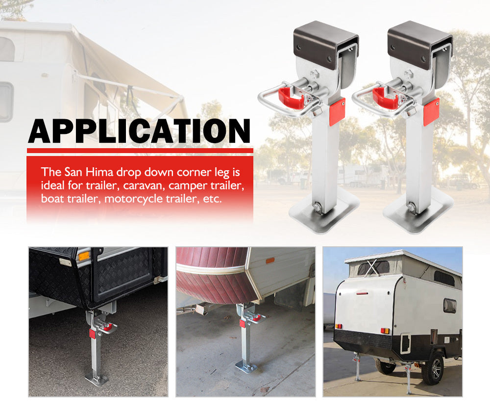 SAN HIMA 2x 470mm Drop Down Corner Legs Steadies & Handle Steel Foot Caravan Trailer