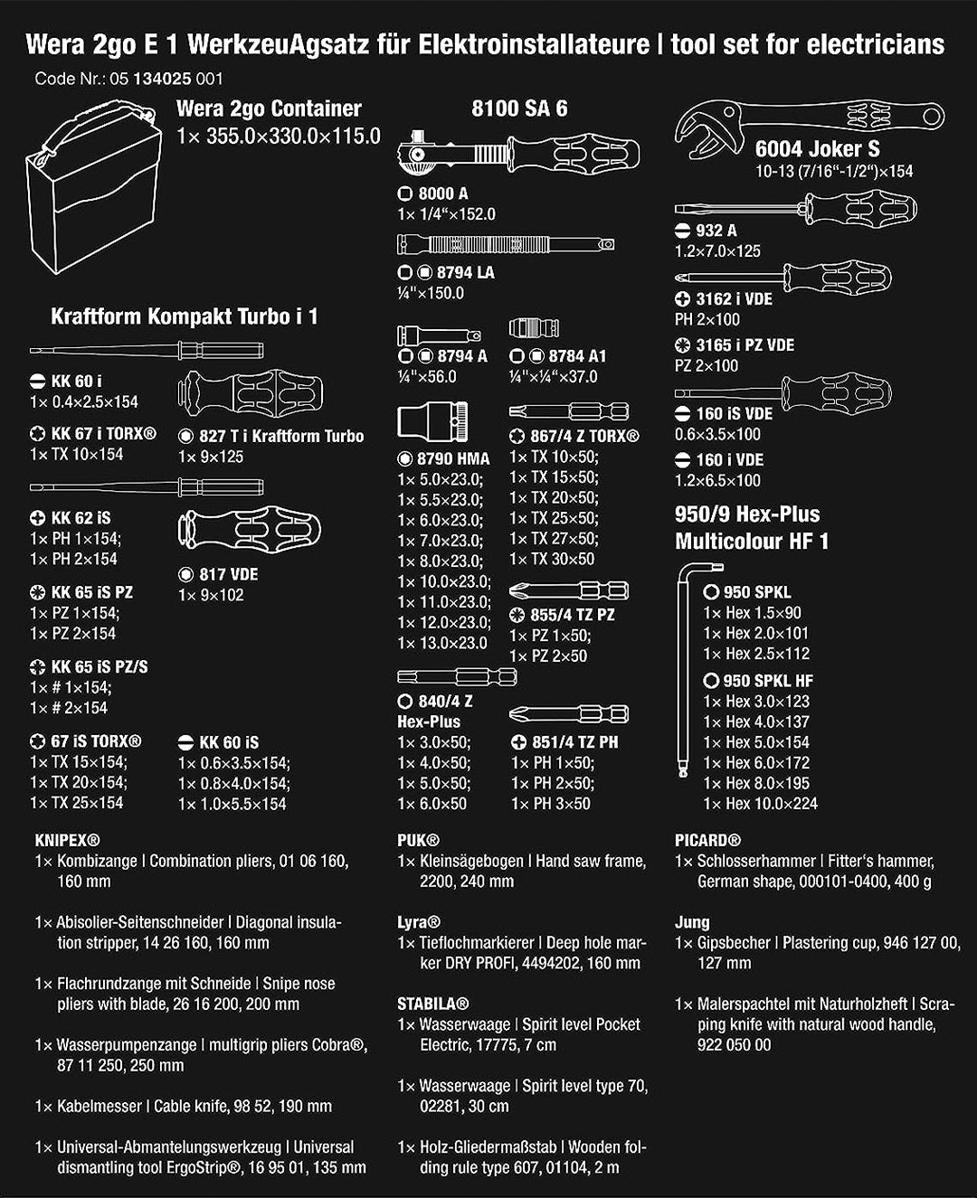 Wera 73 Piece 2go E 1 Tool Set for Electricians WER134025