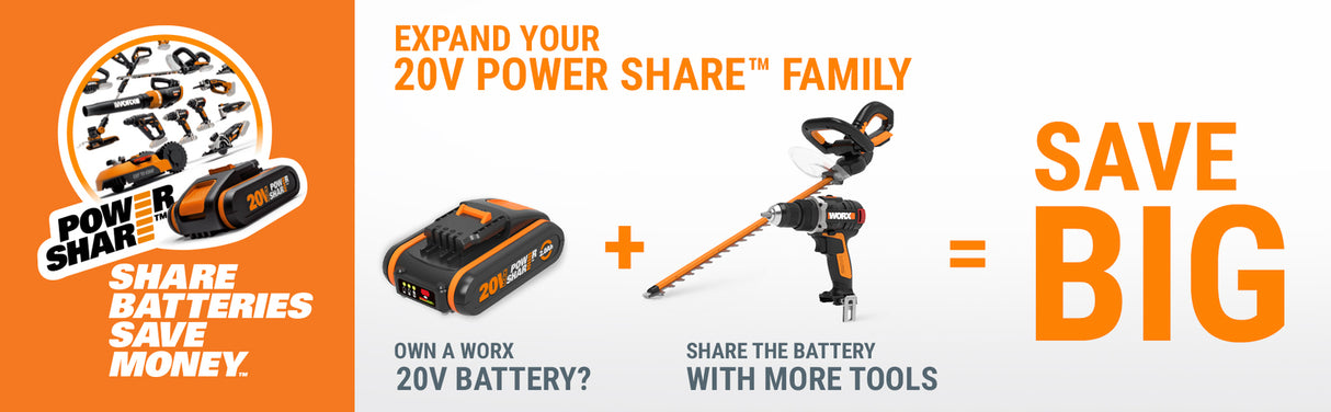 WORX 20V Cordless 12cm One Handed Pruning Chainsaw w/ POWERSHARE 2Ah Battery & Charger - WG324E.B