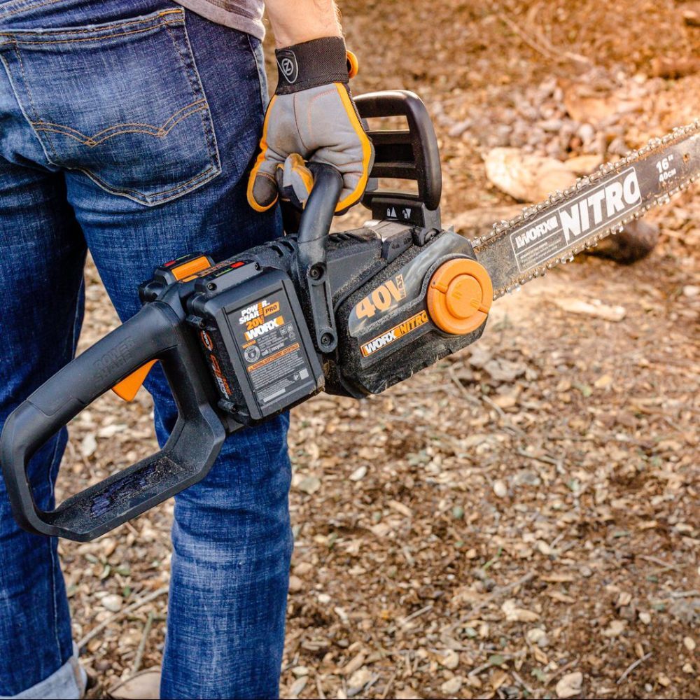 WORX NITRO 40V (2x 20V) Brushless 40cm/16" Chainsaw Kit with 2x 20V 2ah Batteries + Dual Port Charger WG385E.B