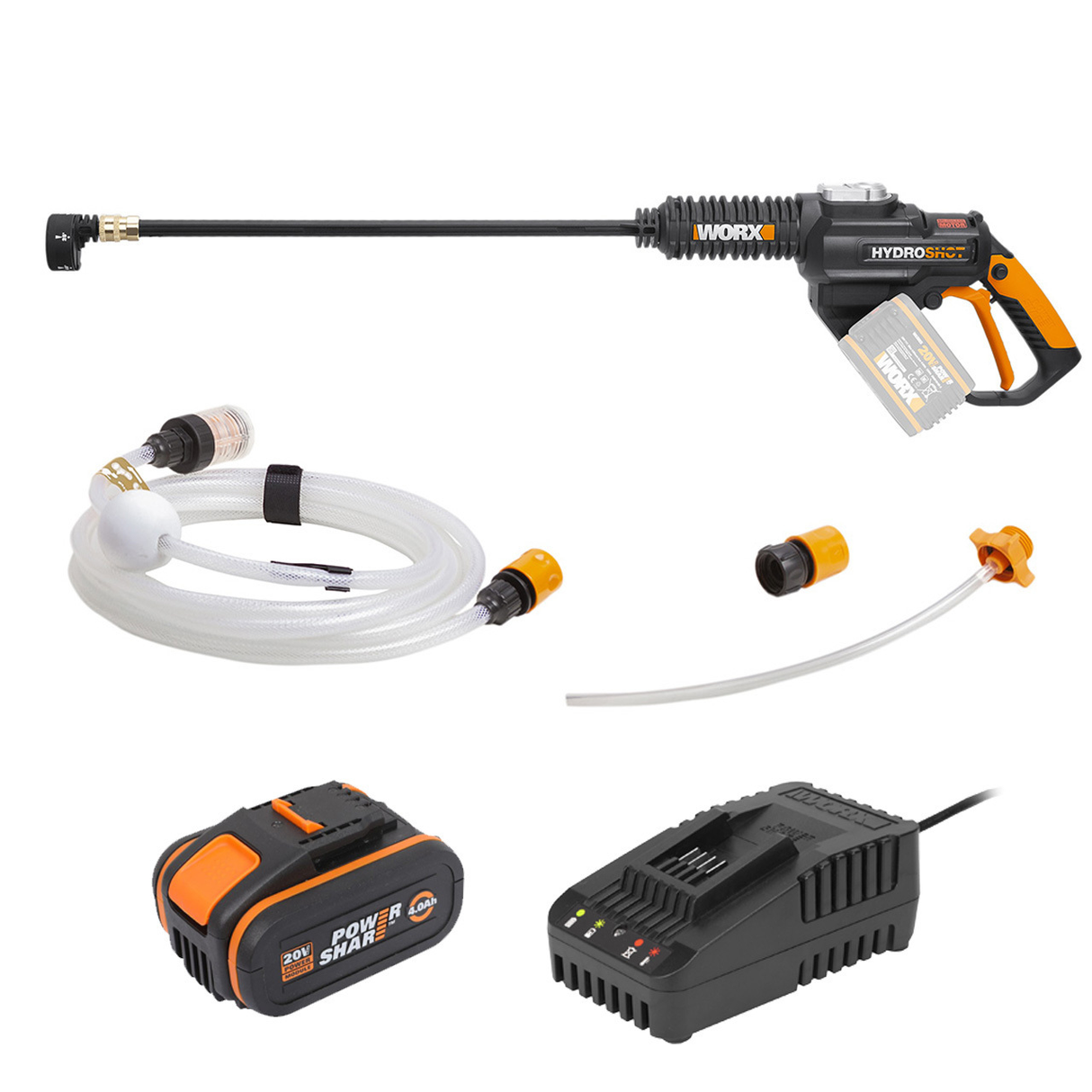 WORX 20V Cordless HYDROSHOT Portable Brushless Pressure Washer w/ POWERSHARE 4Ah Battery & 2A Charger - WG630E.B