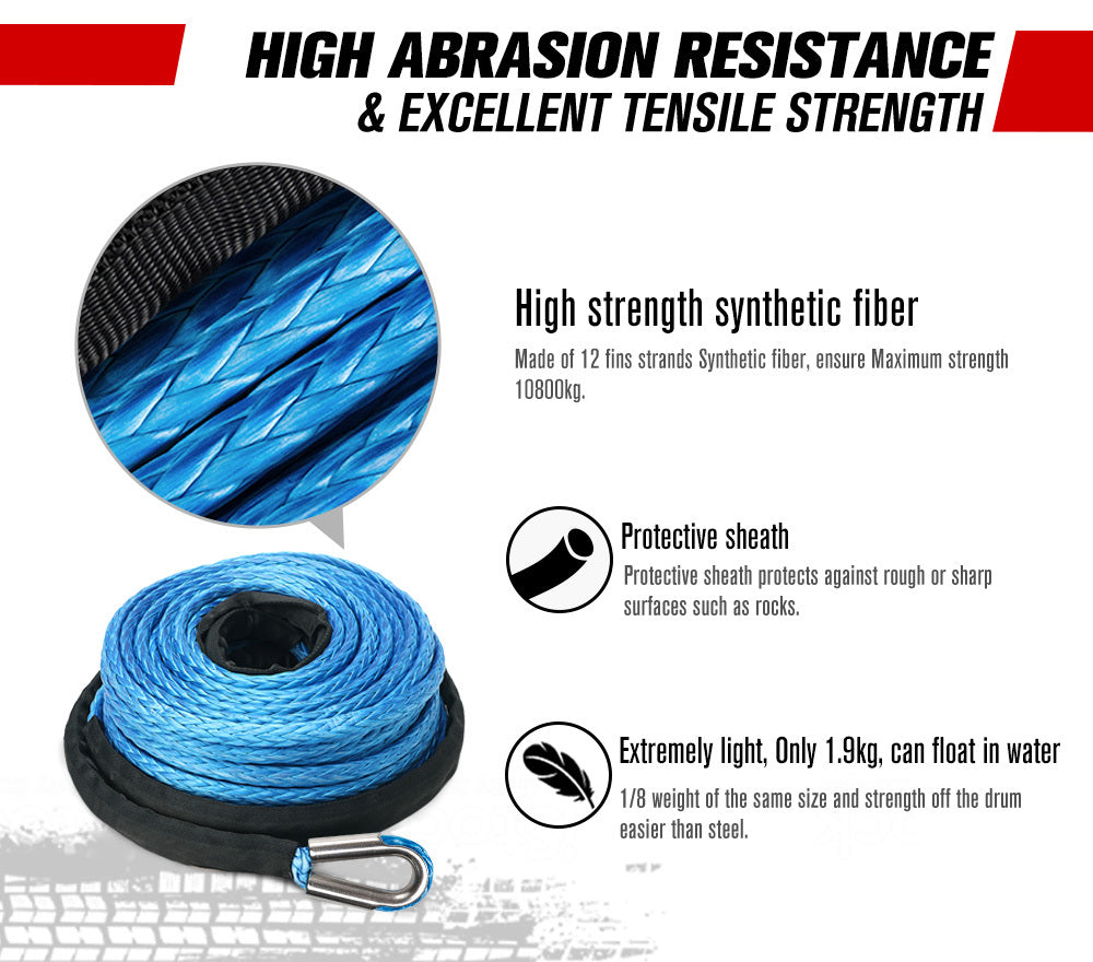 FIERYRED 10MM X 30M Synthetic Winch Rope Dyneema Sk75 Tow Recovery Cable 4WD Car Blue