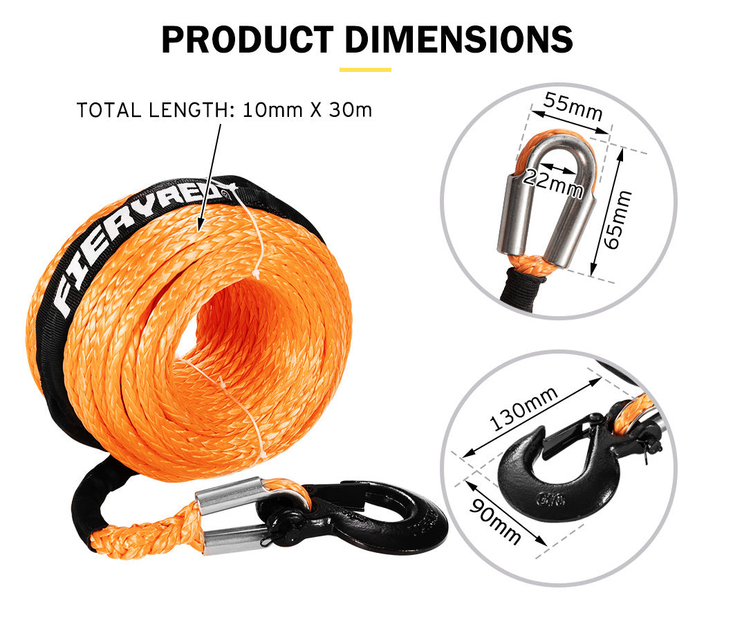 FIERYRED Synthetic Winch Rope 10MM x 30M Dyneema SK75 Tow Recovery Rope Orange 4WD
