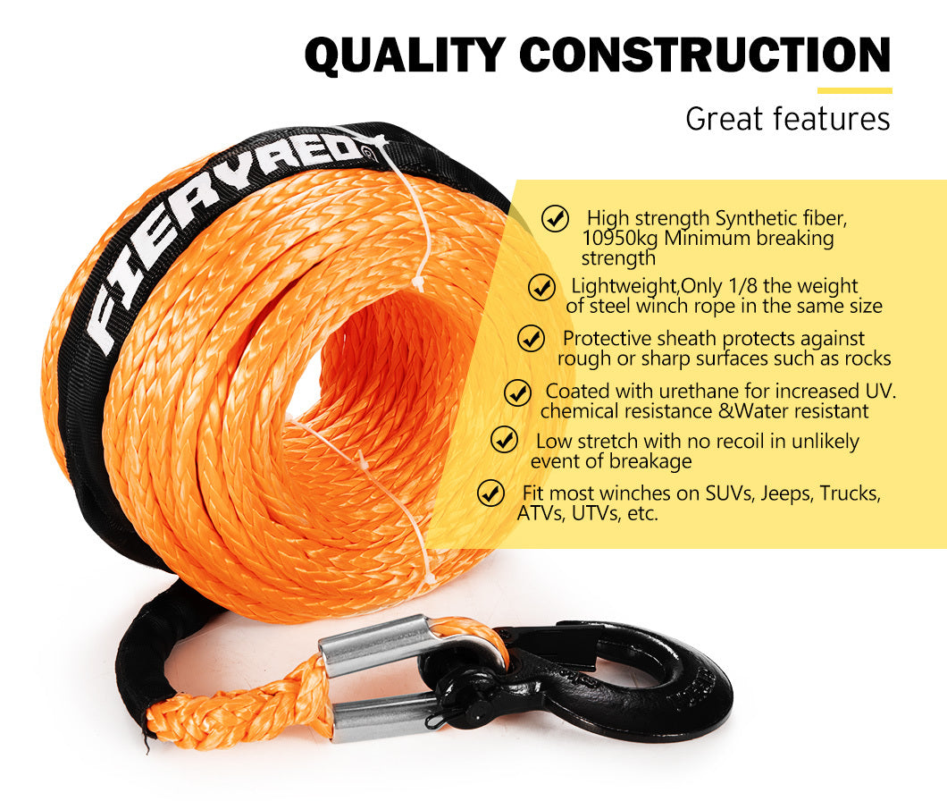 FIERYRED Synthetic Winch Rope 10MM x 30M Dyneema SK75 Tow Recovery Rope Orange 4WD
