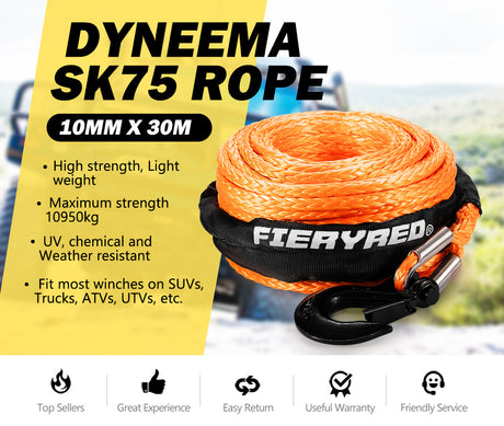 FIERYRED Synthetic Winch Rope 10MM x 30M Dyneema SK75 Tow Recovery Rope Orange 4WD