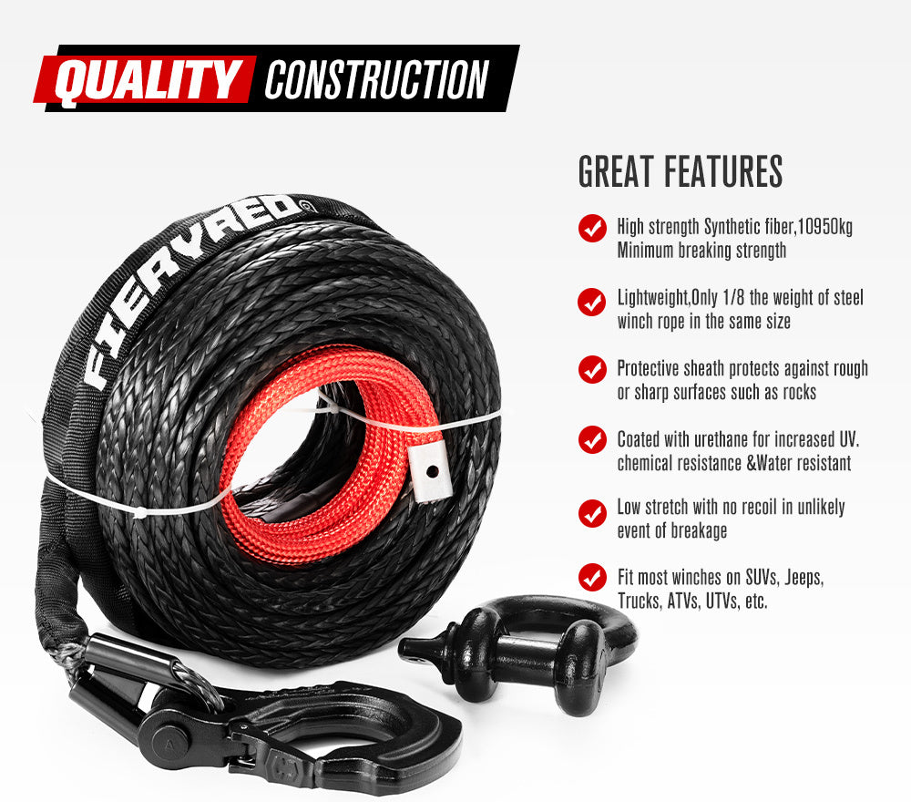 FIERYRED Winch Rope 10MM x 30M Dyneema SK75 Hook Synthetic Car Tow Recovery Cable Black