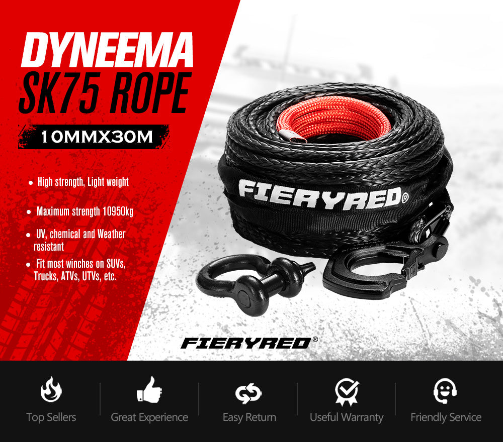 FIERYRED Winch Rope 10MM x 30M Dyneema SK75 Hook Synthetic Car Tow Recovery Cable Black