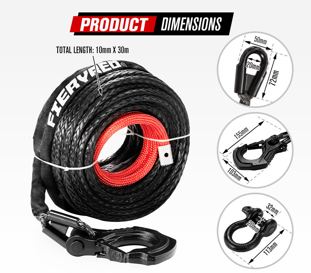 FIERYRED Winch Rope 10MM x 30M Dyneema SK75 Hook Synthetic Car Tow Recovery Cable Black