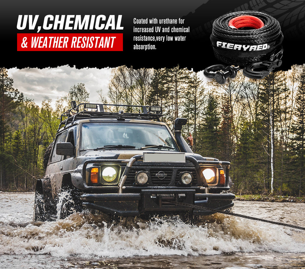 FIERYRED Winch Rope 10MM x 30M Dyneema SK75 Hook Synthetic Car Tow Recovery Cable Black