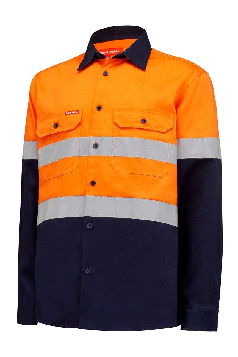 Hard Yakka Hi Vis L/Slv Two Tone Cotton Drill Shirt W/Tape