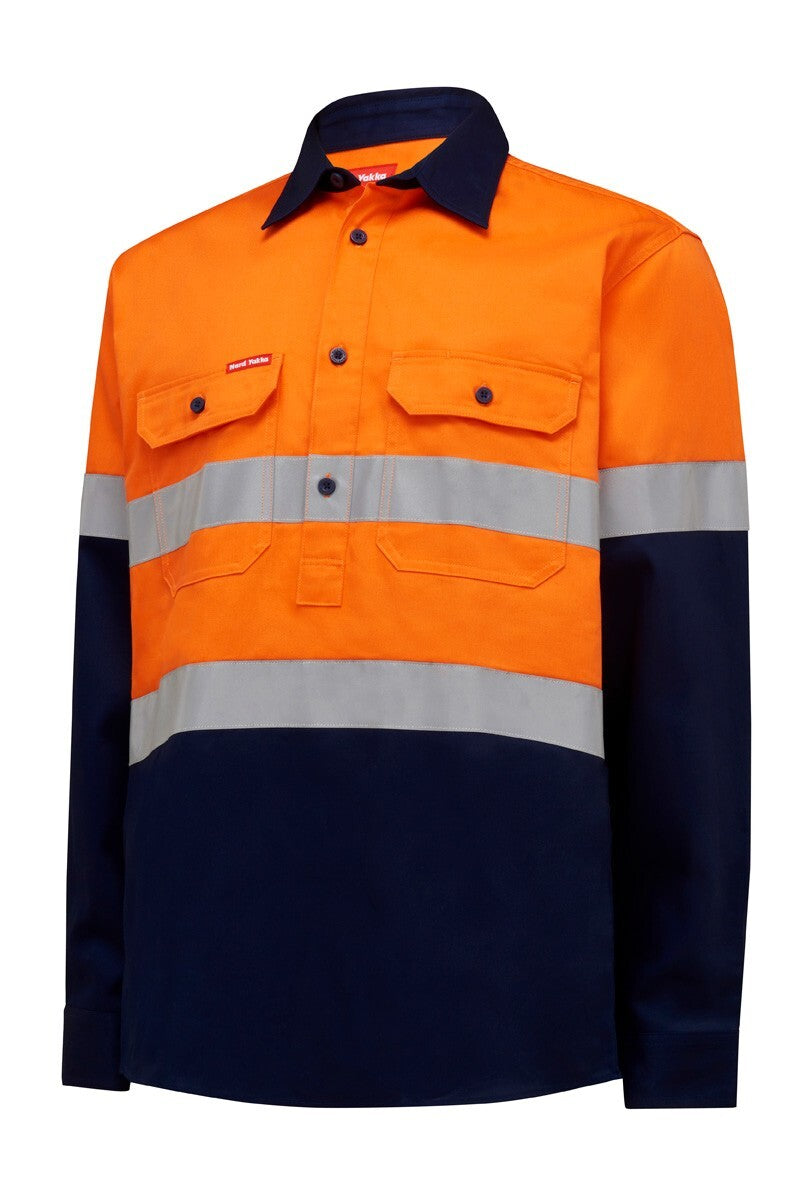 Hard Yakka Hi Vis L/Slv H/Weight Closed Front 2 Tone Cotton Drill Shirt W/Tape