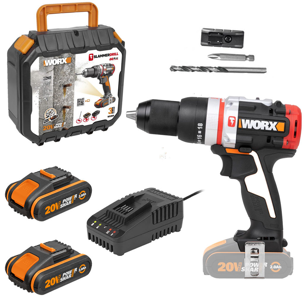 WORX 20V Cordless Brushless 60Nm Active Hammer Drill Driver w/ 2 x POWERSHARE 2Ah Batteries & 1x Charger - WX354