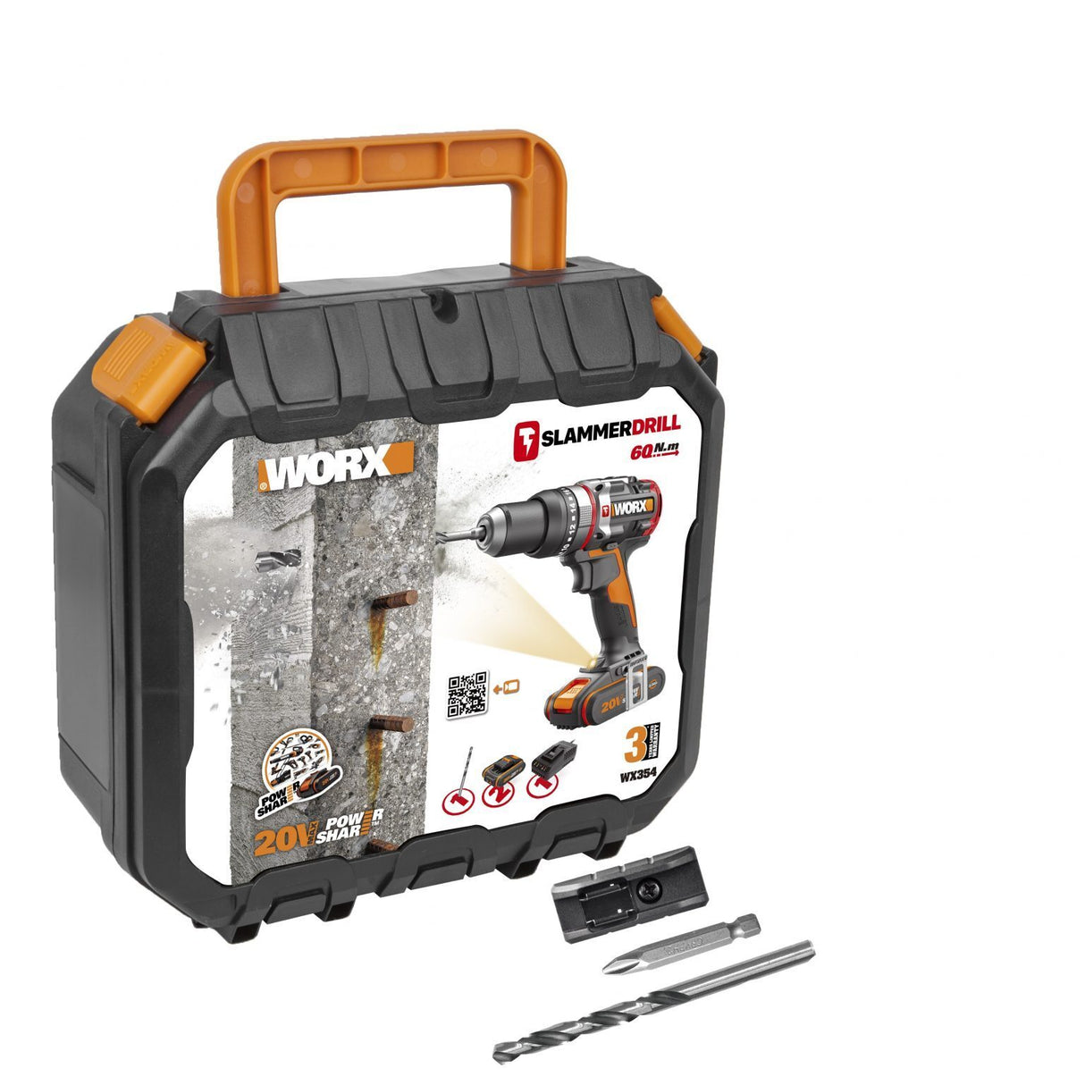 WORX 20V Cordless Brushless 60Nm Active Hammer Drill Driver w/ 2 x POWERSHARE 2Ah Batteries & 1x Charger - WX354