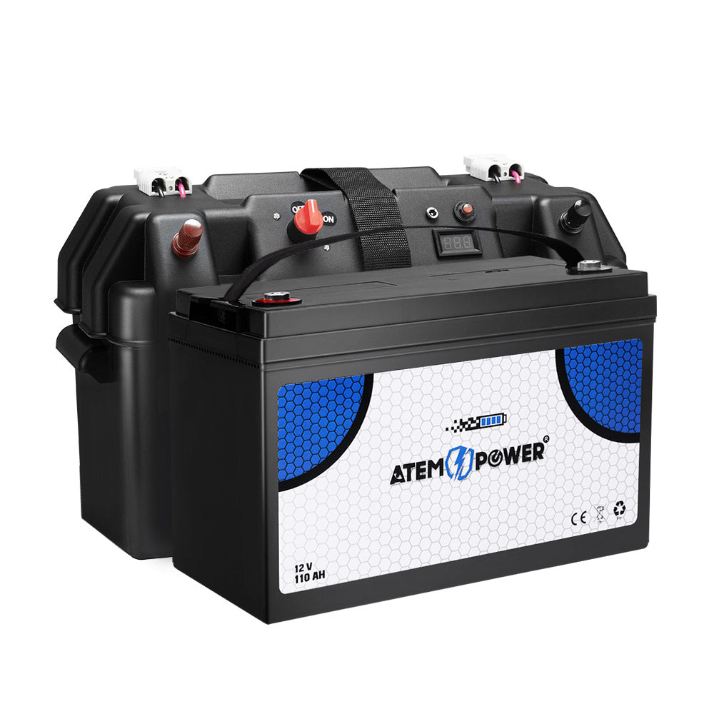 ATEM POWER 110AH 12V AGM Battery AMP Hour SLA Deep Cycle Dual Fridge with Battery Box