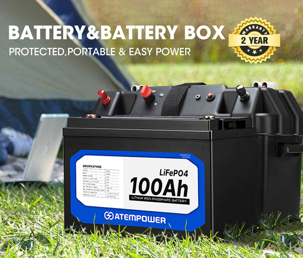 Atem Power 100AH 12V LiFePO4 Lithium Iron Phosphate Battery + 12V Battery Box