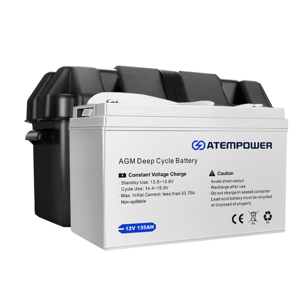 ATEM POWER 135AH AGM Battery 12V AMP Hour SLA Deep Cycle Dual Fridge with Battery Box