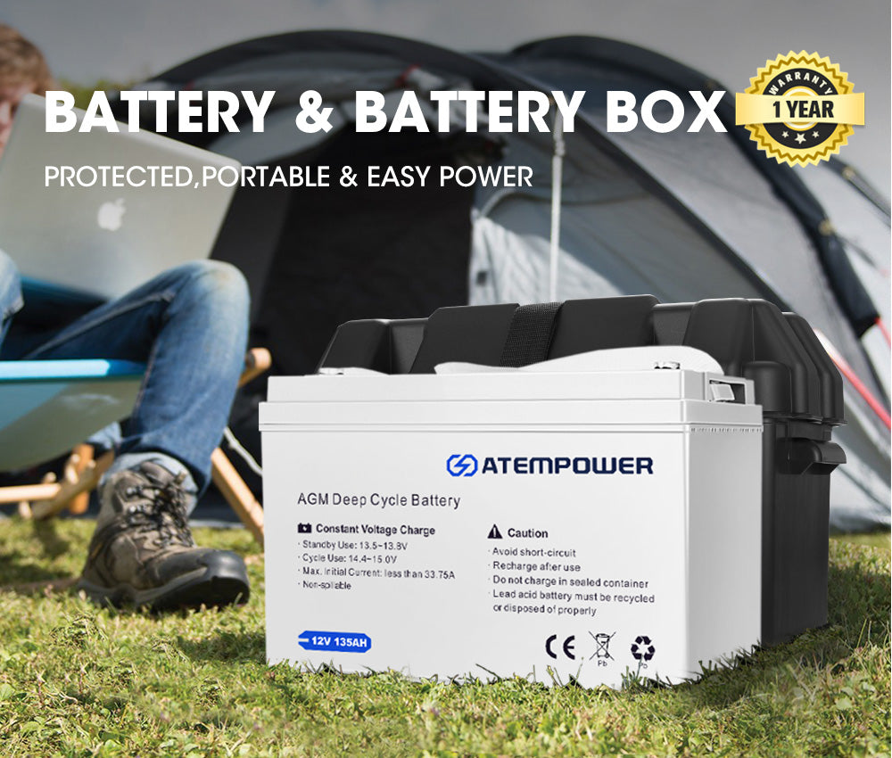 ATEM POWER 135AH AGM Battery 12V AMP Hour SLA Deep Cycle Dual Fridge with Battery Box