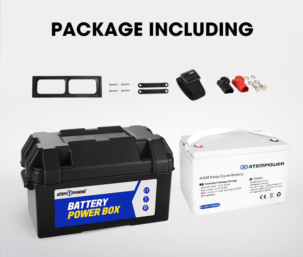 ATEM POWER 135AH AGM Battery 12V AMP Hour SLA Deep Cycle Dual Fridge with Battery Box