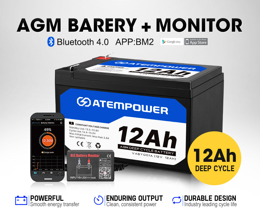 12AH AGM Battery w/ Battery Monitor 12V AMP Lead Acid SLA Deep Cycle Battery