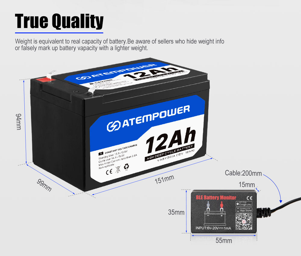 12AH AGM Battery w/ Battery Monitor 12V AMP Lead Acid SLA Deep Cycle Battery