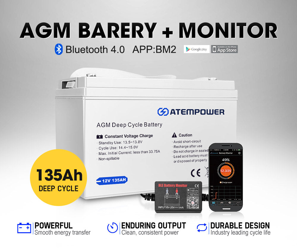 Atem Power 135Ah 12V AGM Deep Cycle Battery w/ Battery Monitor Portable 4WD Sealed Marine Solar SLA