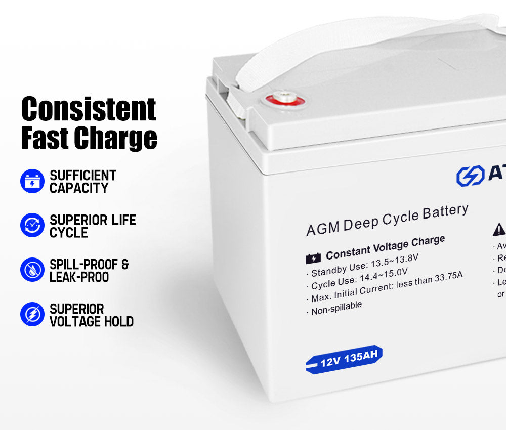 Atem Power 135Ah 12V AGM Deep Cycle Battery w/ Battery Monitor Portable 4WD Sealed Marine Solar SLA