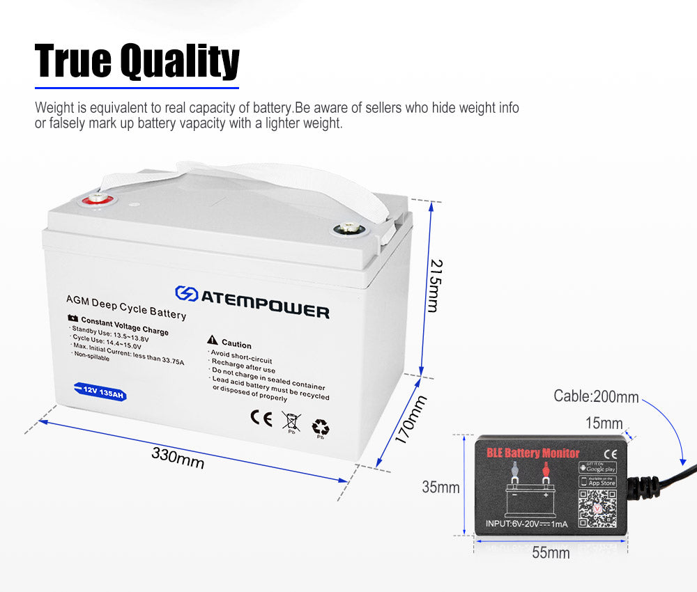 Atem Power 135Ah 12V AGM Deep Cycle Battery w/ Battery Monitor Portable 4WD Sealed Marine Solar SLA