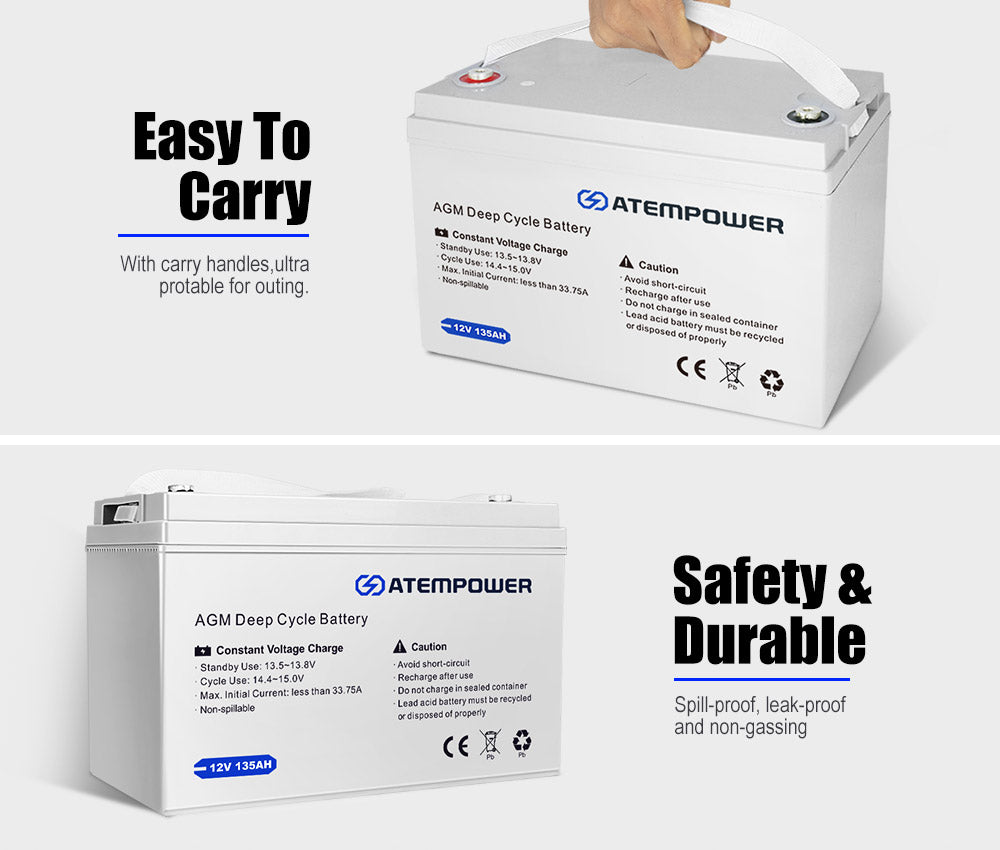 Atem Power 135Ah 12V AGM Deep Cycle Battery w/ Battery Monitor Portable 4WD Sealed Marine Solar SLA