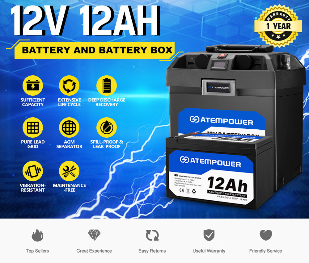 ATEM POWER 12V 12Ah AGM Battery Deep Cycle Acid SLA Solar Power + Battery Box