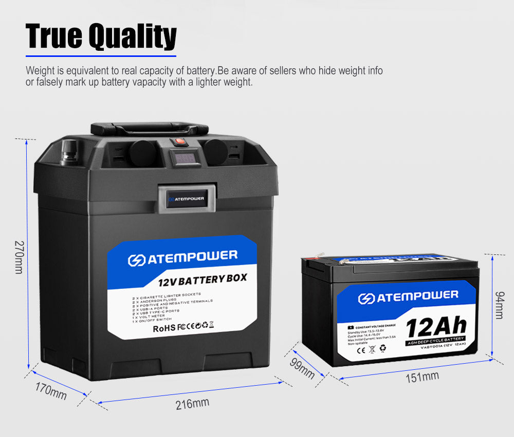 ATEM POWER 12V 12Ah AGM Battery Deep Cycle Acid SLA Solar Power + Battery Box