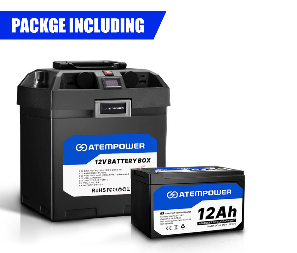 ATEM POWER 12V 12Ah AGM Battery Deep Cycle Acid SLA Solar Power + Battery Box