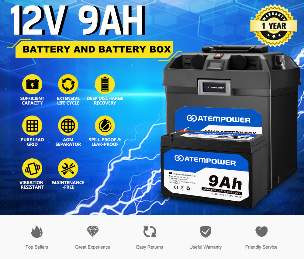 ATEM POWER 12V 9Ah AGM Battery Deep Cycle Acid SLA Solar Power + Battery Box