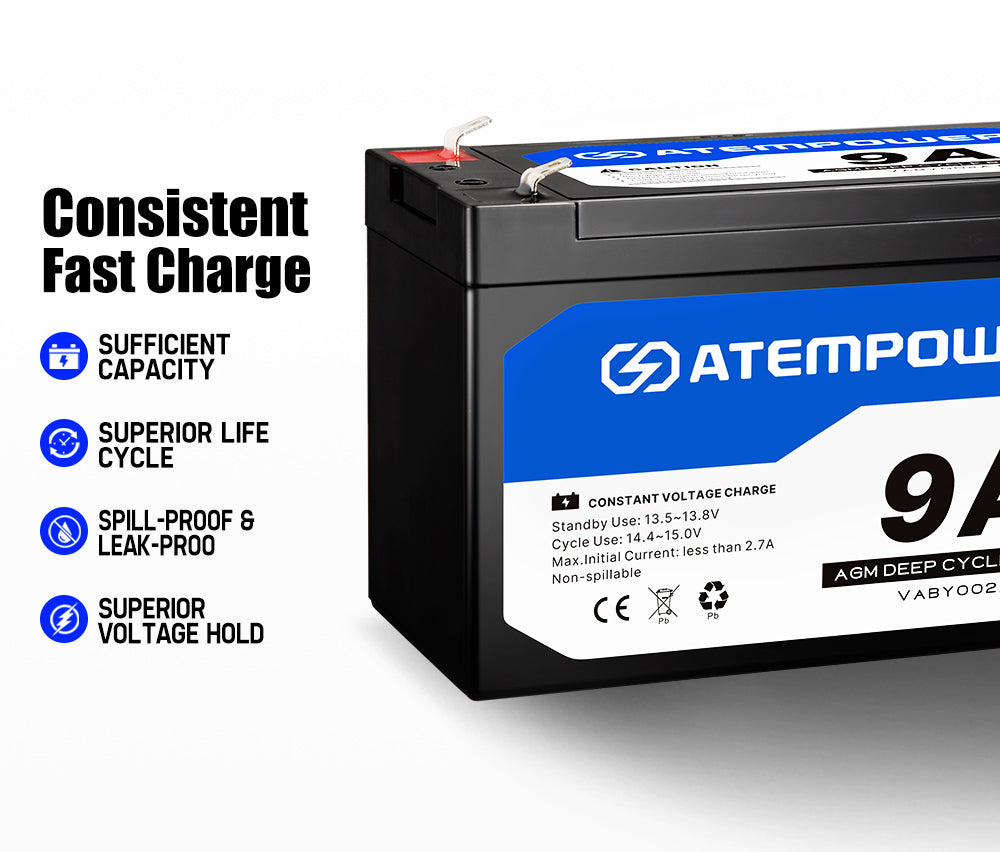 ATEM POWER 12V 9Ah AGM Battery Deep Cycle Acid SLA Solar Power + Battery Box