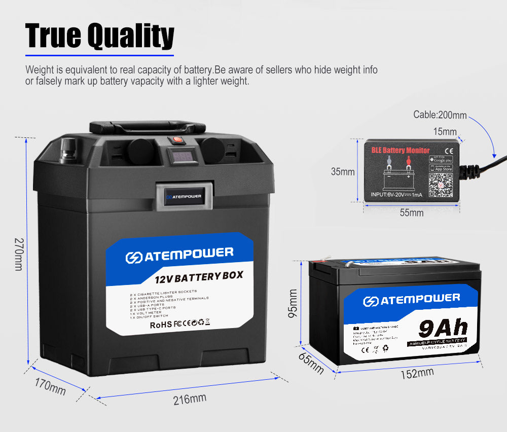 ATEM POWER 12V 9Ah AGM Battery Deep Cycle Acid SLA Solar Power + Battery Box