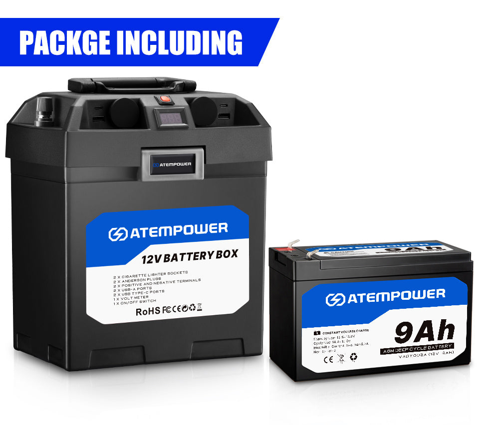 ATEM POWER 12V 9Ah AGM Battery Deep Cycle Acid SLA Solar Power + Battery Box