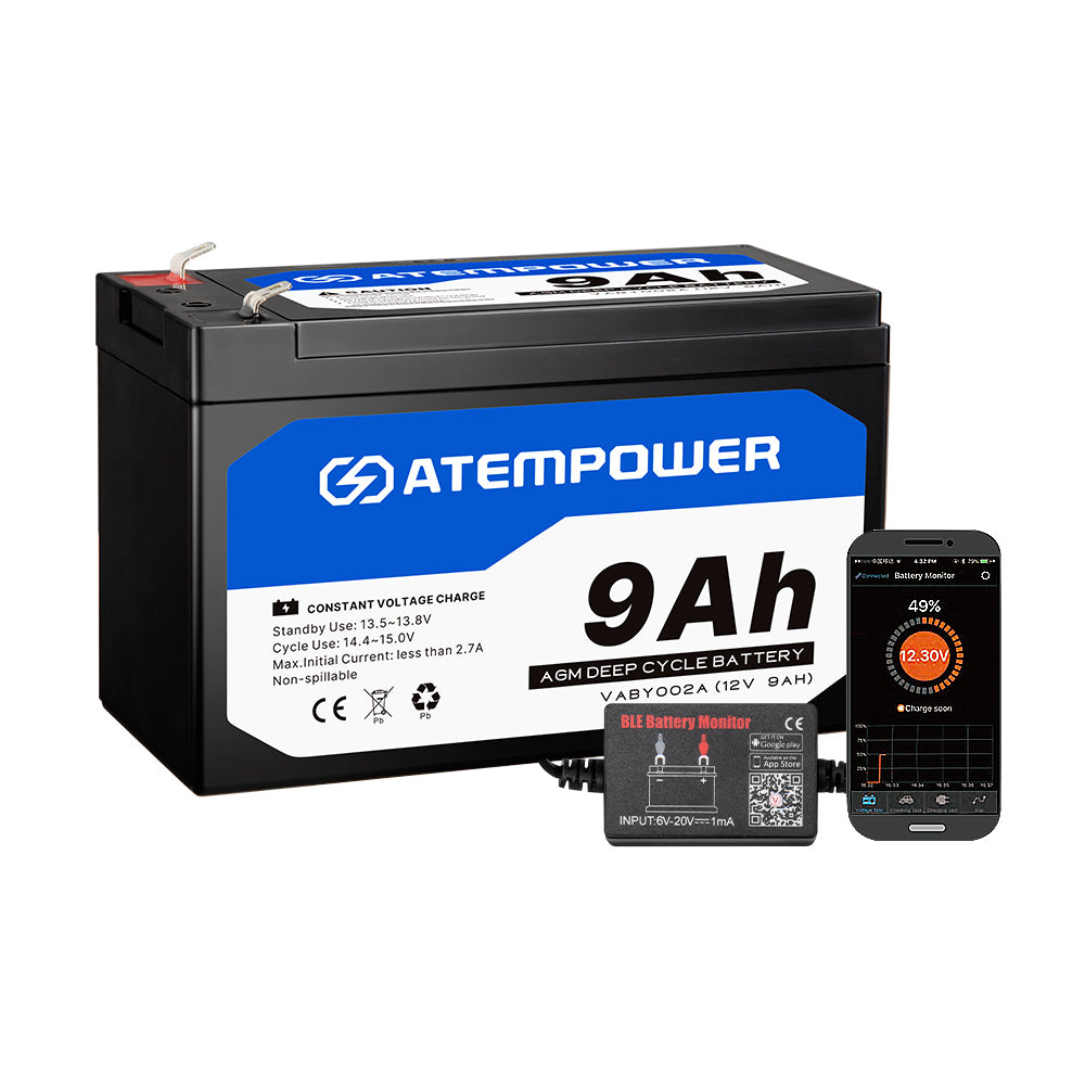 ATEM POWER 12V 9AH AGM Battery w/ Battery Monitor AMP Lead Acid SLA Deep Cycle Battery