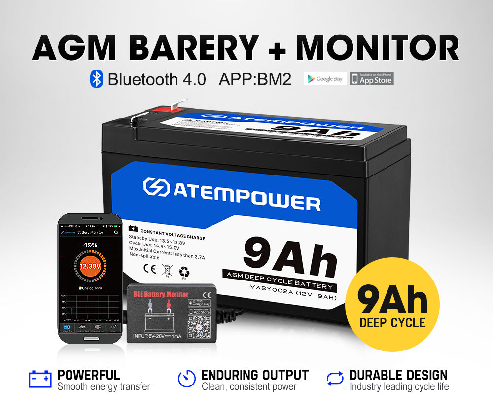 ATEM POWER 12V 9AH AGM Battery w/ Battery Monitor AMP Lead Acid SLA Deep Cycle Battery