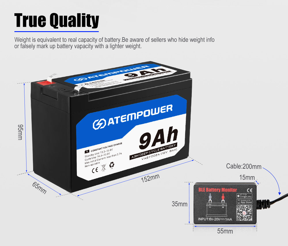 ATEM POWER 12V 9AH AGM Battery w/ Battery Monitor AMP Lead Acid SLA Deep Cycle Battery