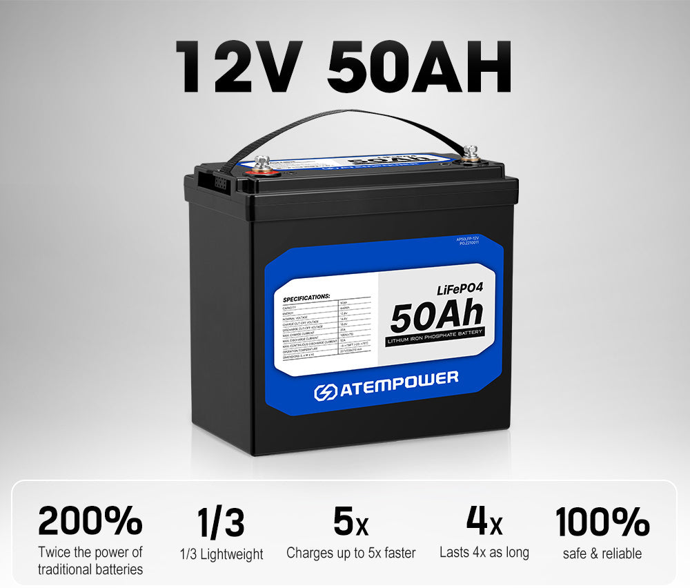 ATEMPOWER 50Ah 12V Lithium Battery LiFePO4 Deep Cycle Marine 4WD Replace AGM