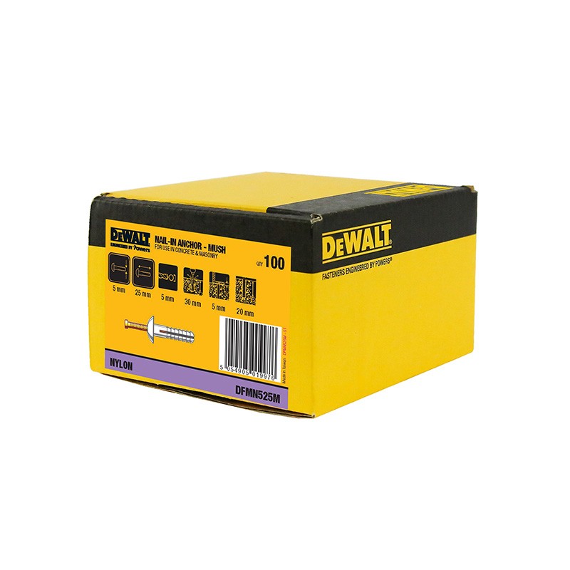 DEWALT Nylon Nail-In Anchor Mushroom Head 5x25mm (Pack of 100)