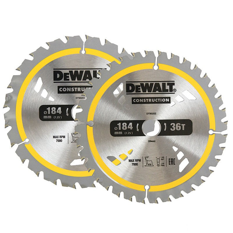 DEWALT Construction Circular Saw Blade 184mm x 24/36T (16/20mm) 2 Pack