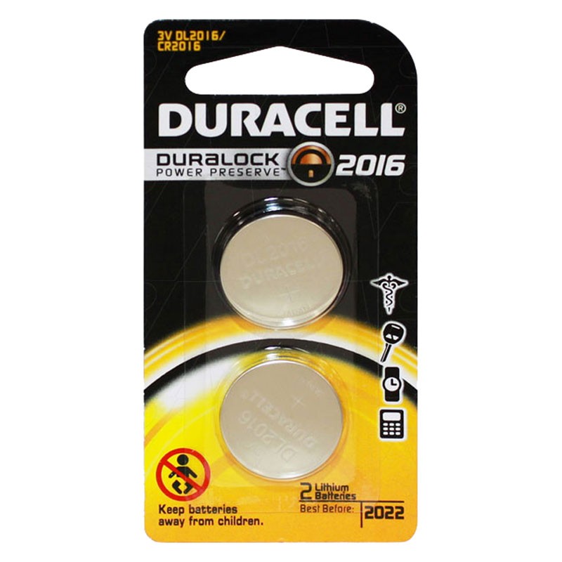 Duracell Battery, 3V Lithium 20mm Diameter 1.6mm High CR2016 - Twin Pack