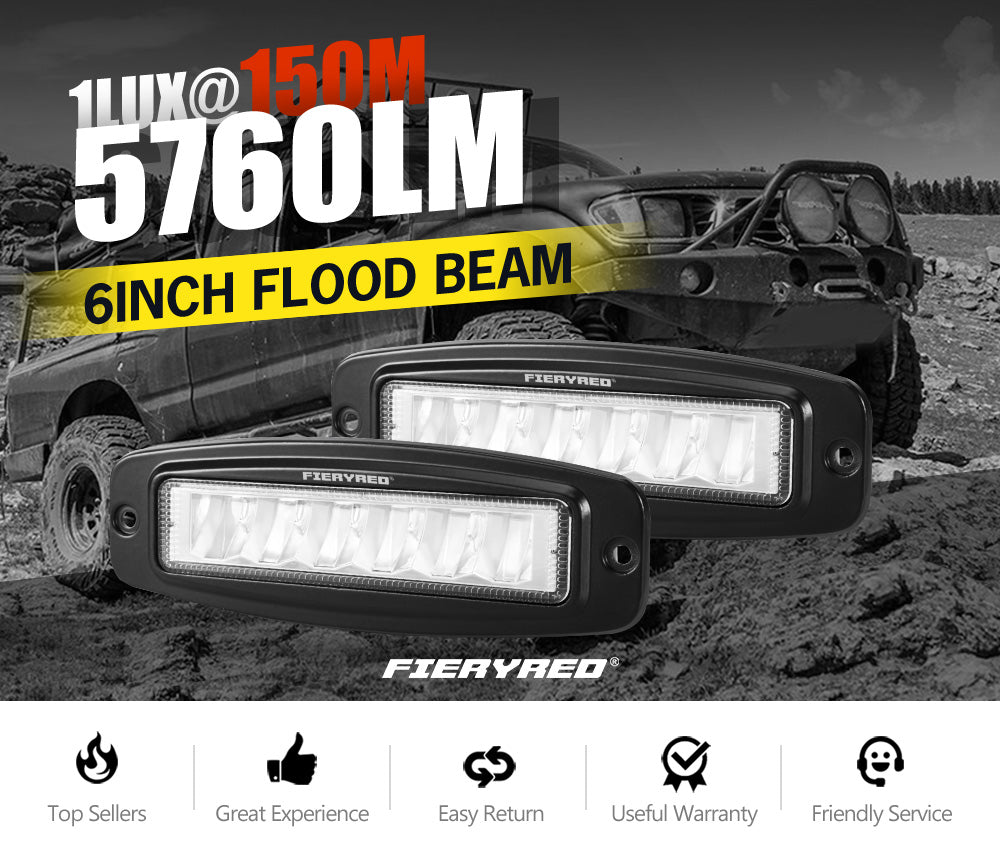 FIERYRED Pair 6inch Flush Mount Led Work Light Bar Flood Reverse 4WD