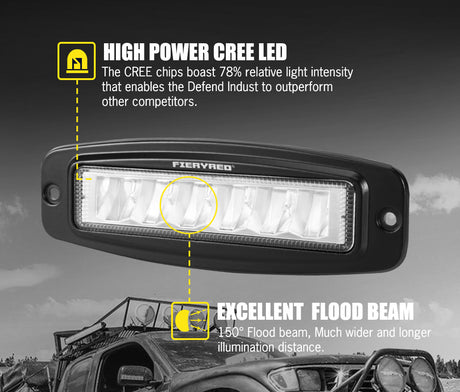FIERYRED 4x 6inch Flush Mount LED Work Light Bar Flood Reverse 4WD