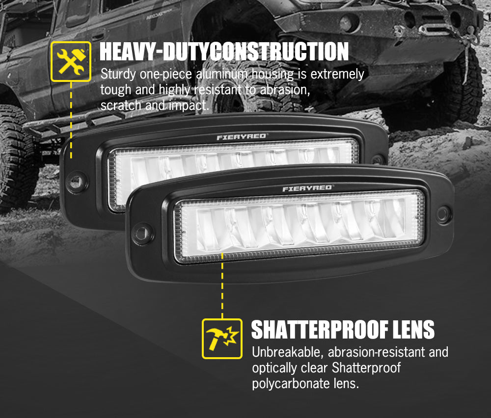 FIERYRED Pair 6inch Flush Mount Led Work Light Bar Flood Reverse 4WD