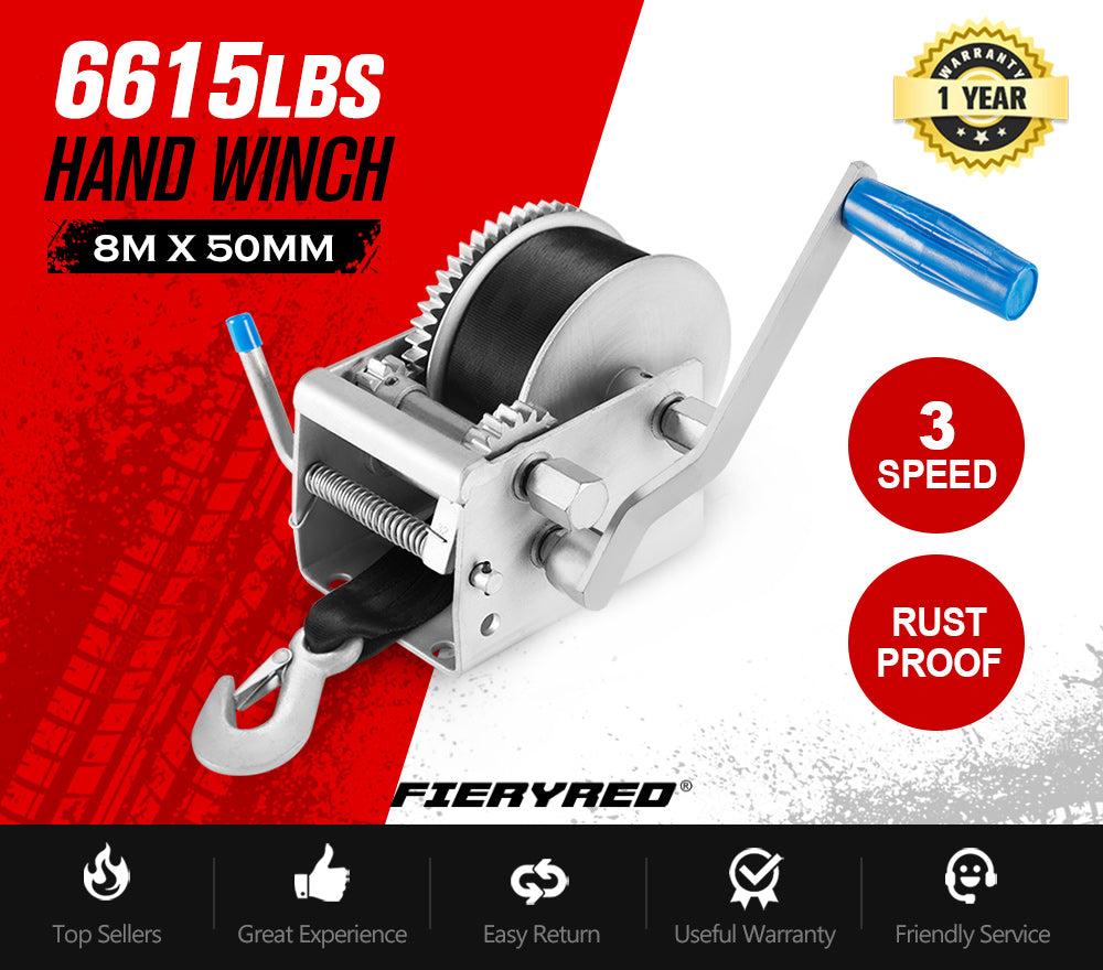 FIERYRED 3000KG/6615LBS Hand Winch 3 Speed Dyneema Webbing Strap Boat Car Marine 4WD 8M