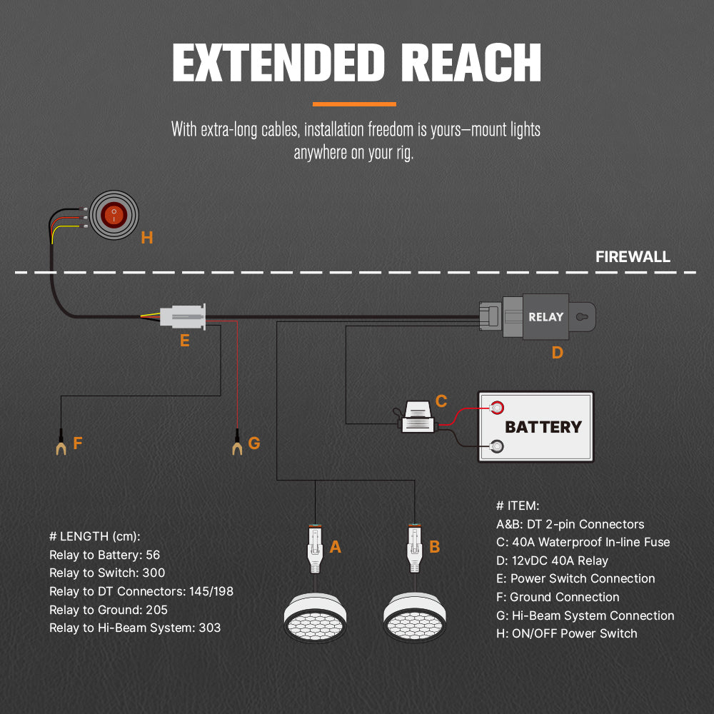 Lightfox 2 Way High Beam Wiring Harness w/ DT 2-Pin Connectors For LED Light Bar