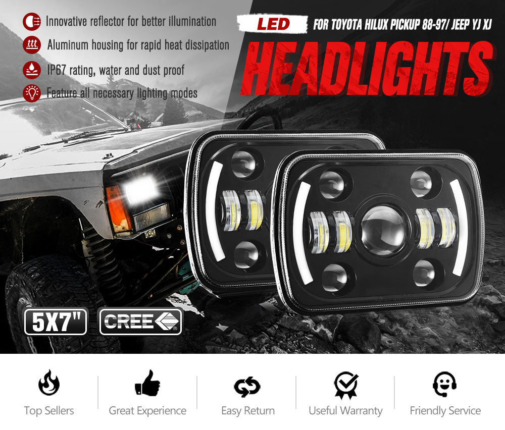 Pair 5x7'' 7x6'' LED Headlights w/ DRL for 88-97 Toyota Hilux Pickup Jeep YJ XJ