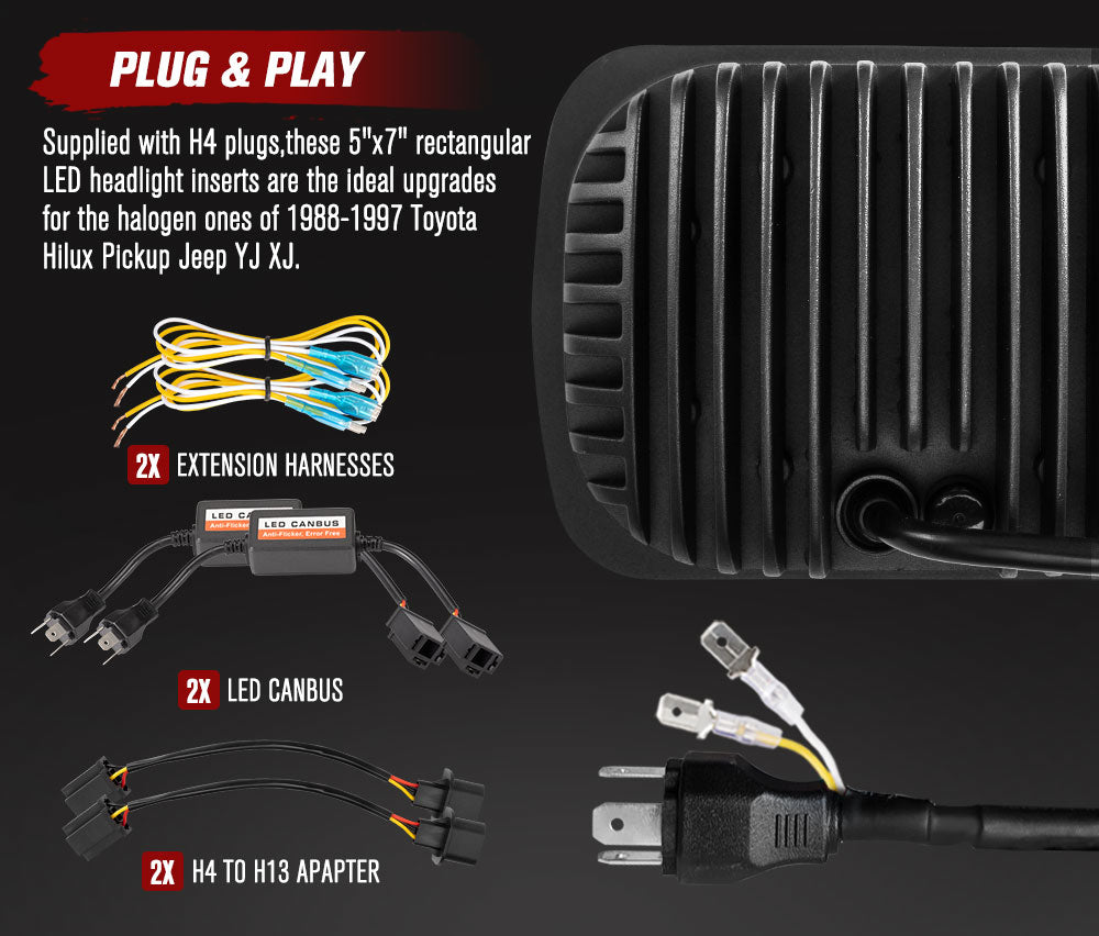 Pair 5x7'' 7x6'' LED Headlights w/ DRL for 88-97 Toyota Hilux Pickup Jeep YJ XJ