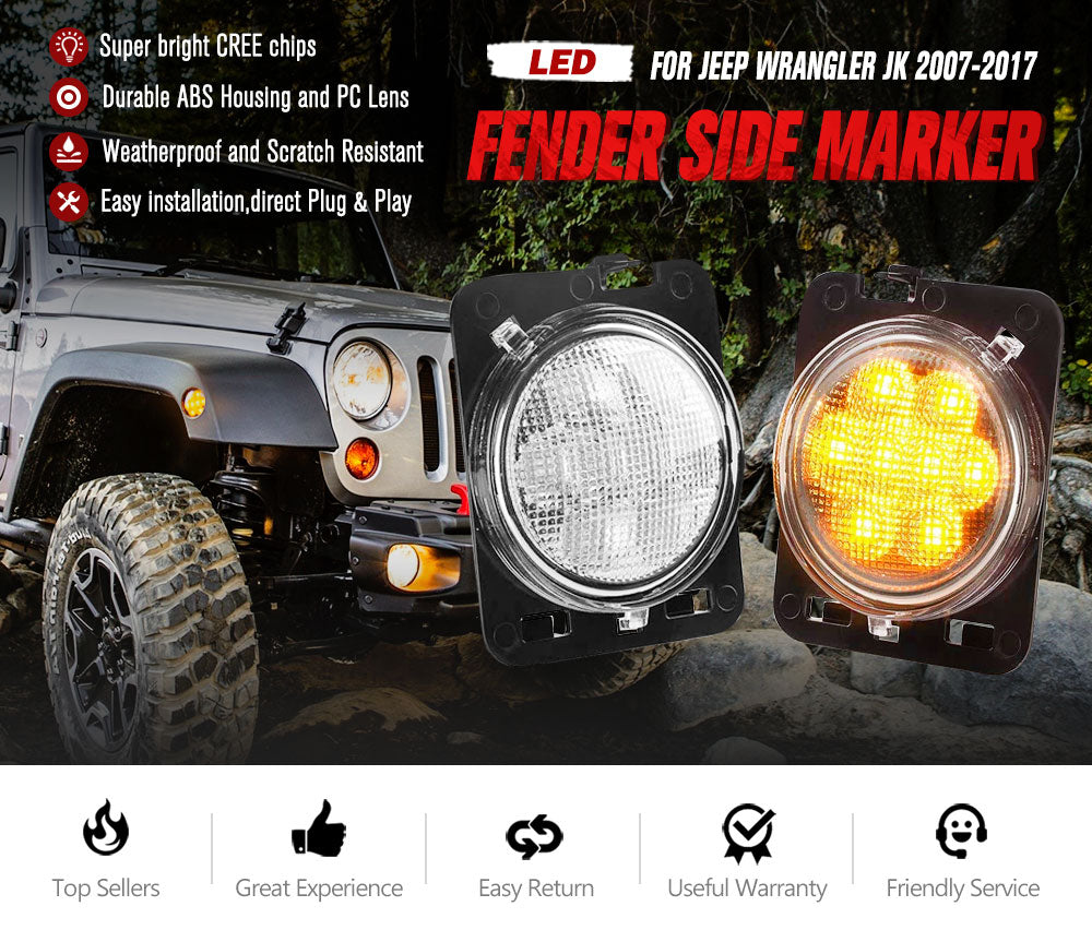 LIGHTFOX 2x Front Fender Side Marker LED Turn Light For Jeep Wrangler JK 2007-2017 Amber
